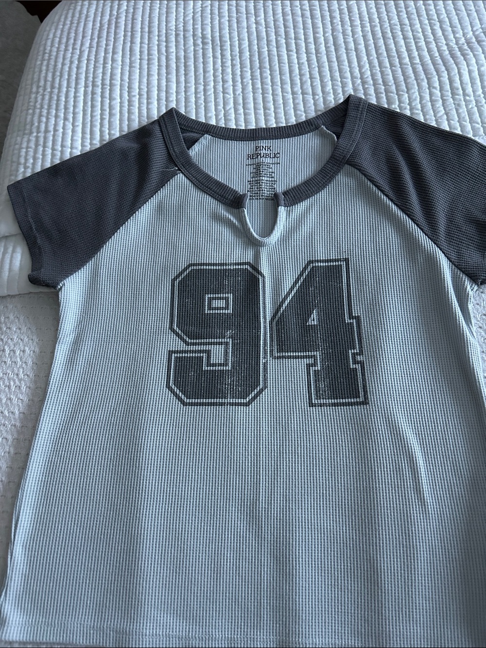 Pink Republic Light Blue Tee with Charcoal Sleeves and '94' Graphic